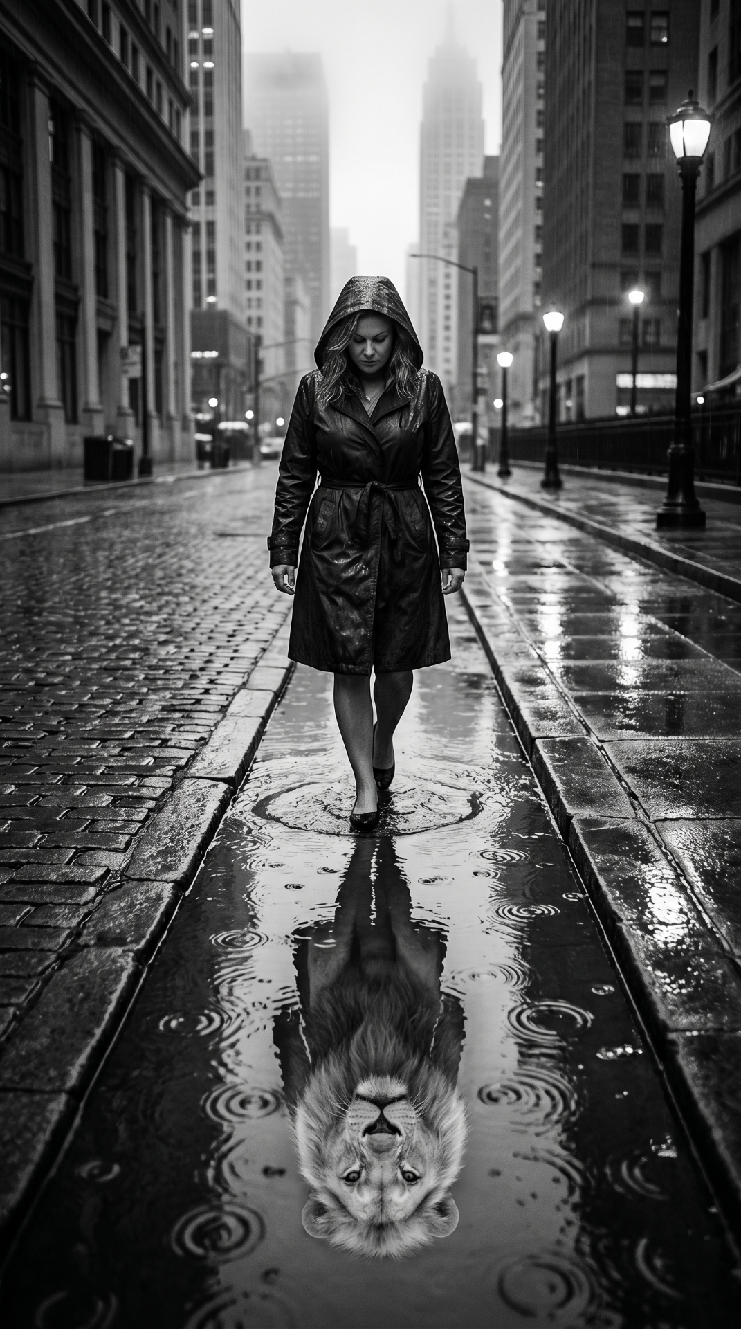Frau im Regen, Spiegelung einer Löwin